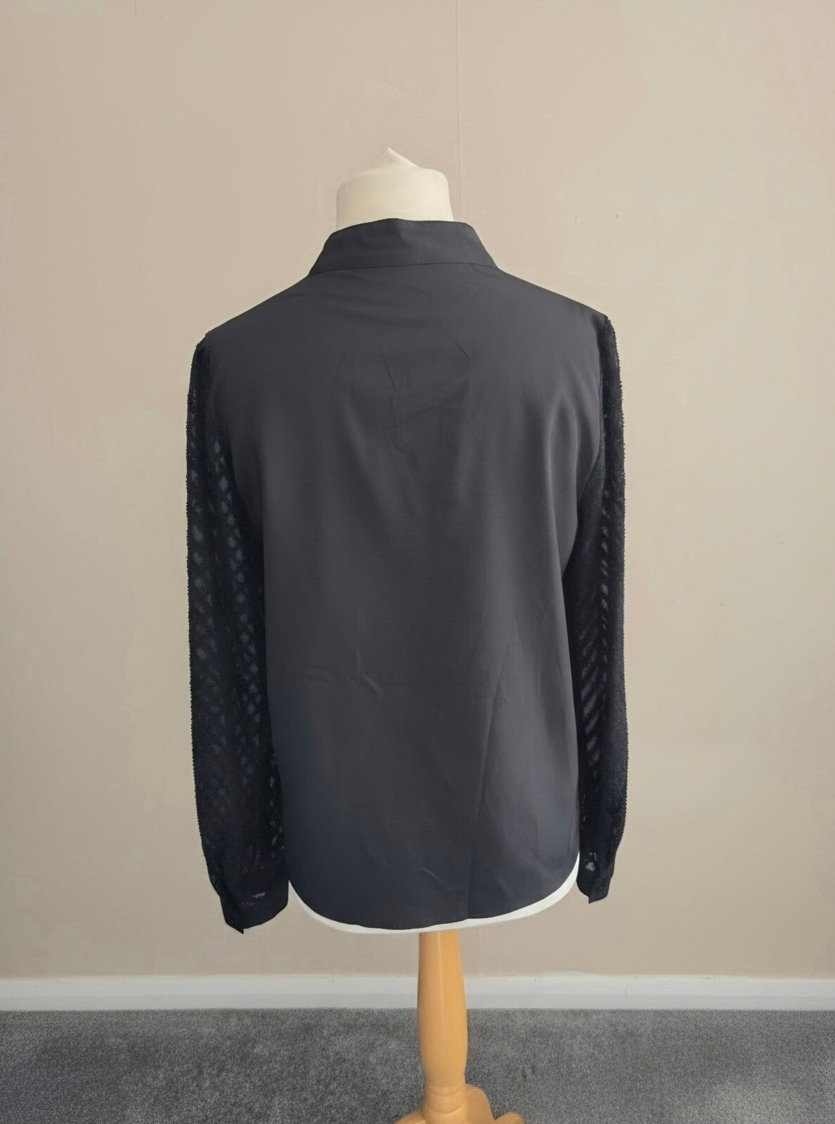 Shein Black V-Neck Blouse with Sheer Netted Mesh Sleeves Size 8–10