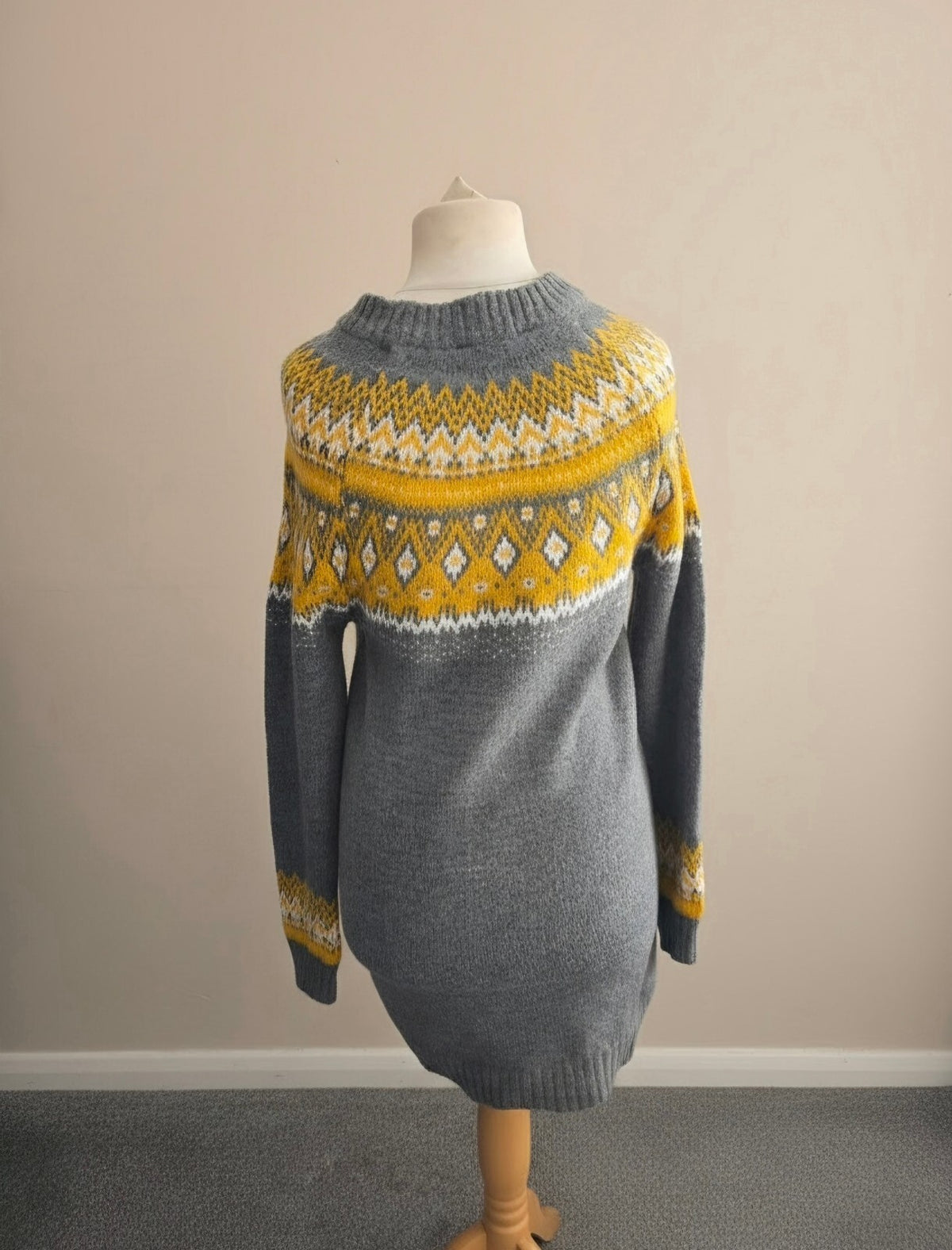 Esmara Grey & Mustard Yellow Fair Isle Knitted Jumper Dress Small (Size 8-10)