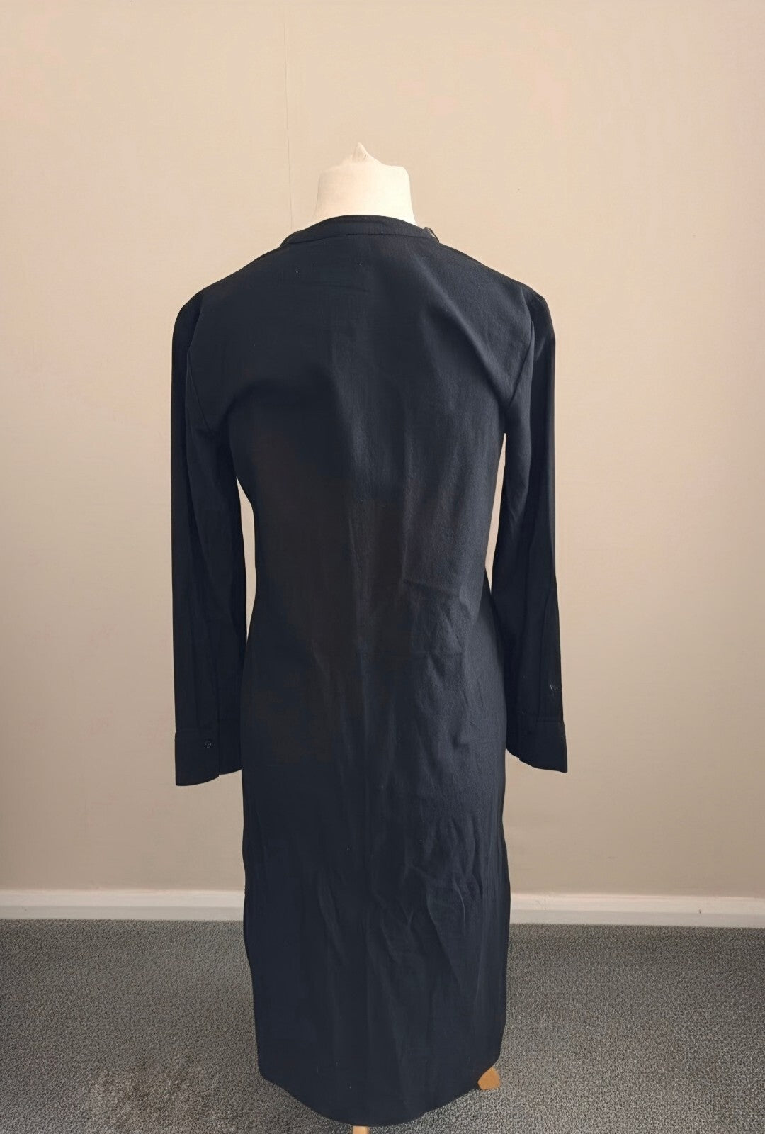 Primark Black Collarless Button Down Long Sleeve Midi Shirt Dress Size 6 NWT