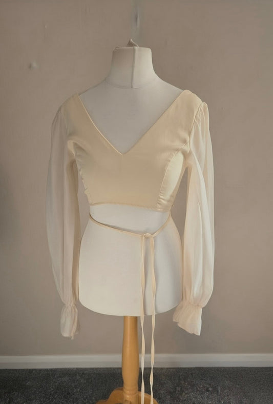 Boohoo Cream Long Sleeved Sheer Crop Top  - Size 8
