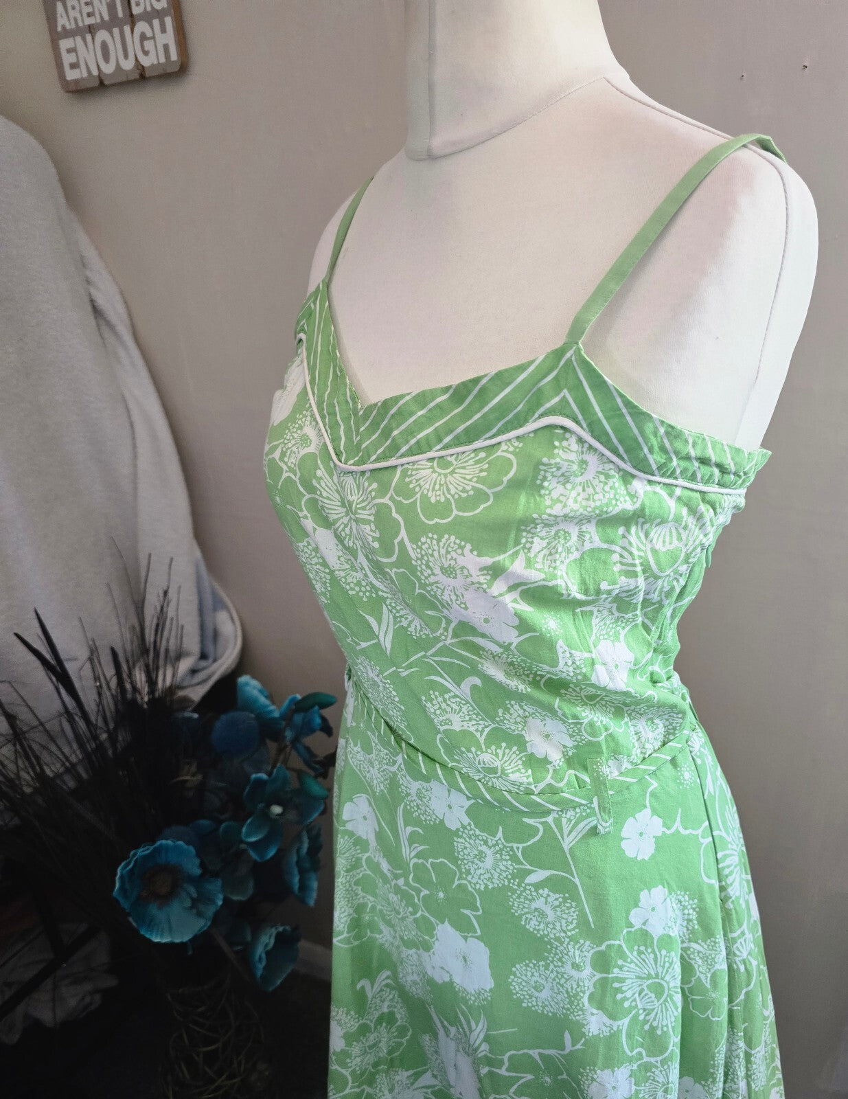 New Look Y2K Green & White Floral Cotton Belted Flared Dress Size 14