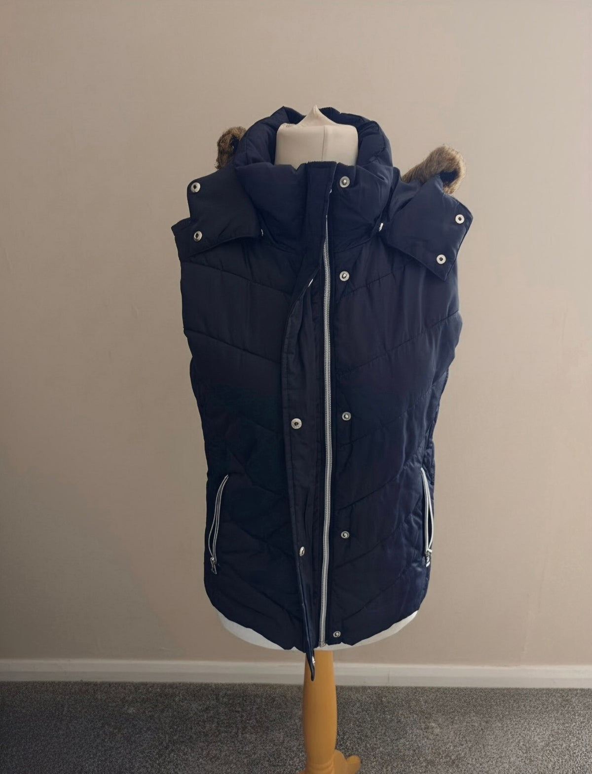 H&M L.O.G.G. Navy Blue Padded Puffer Gilet with Faux Fur Hood Size 10