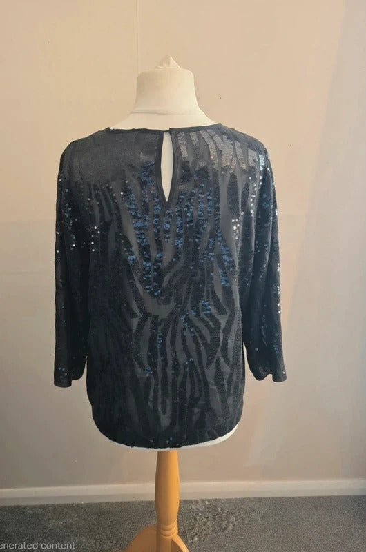 Peacocks Black Sequin Sheer Relaxed Top Size 12 Party Halloween Xmas