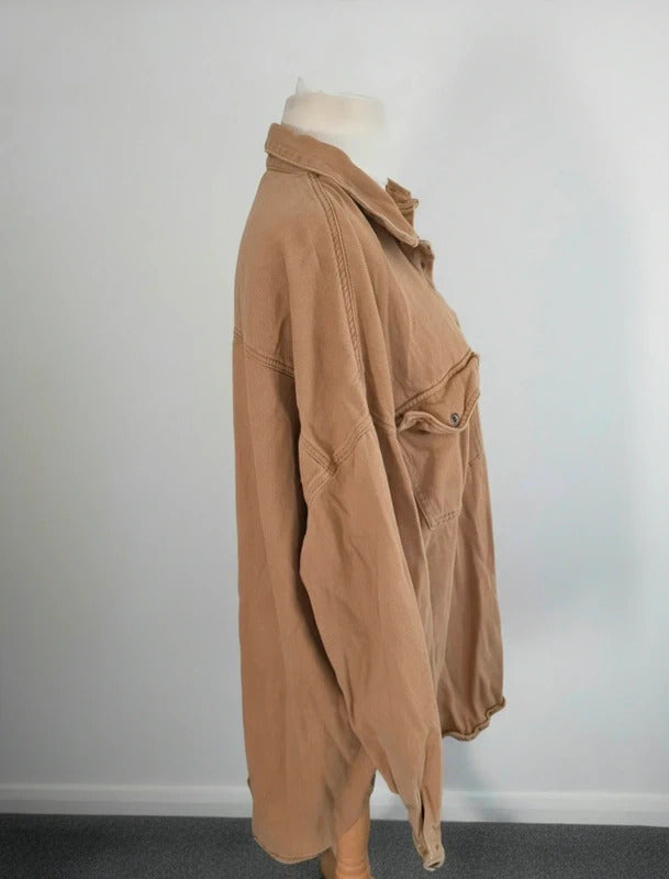 Missguided Plus Beige Oversized Long Sleeve Cotton Shirt Shacket Size 22