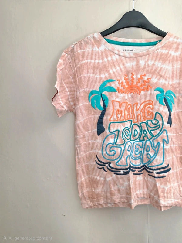 Primark Boys Coral Orange & White Tie Dye "Make Today Great" T-Shirt Age 7-8 Years