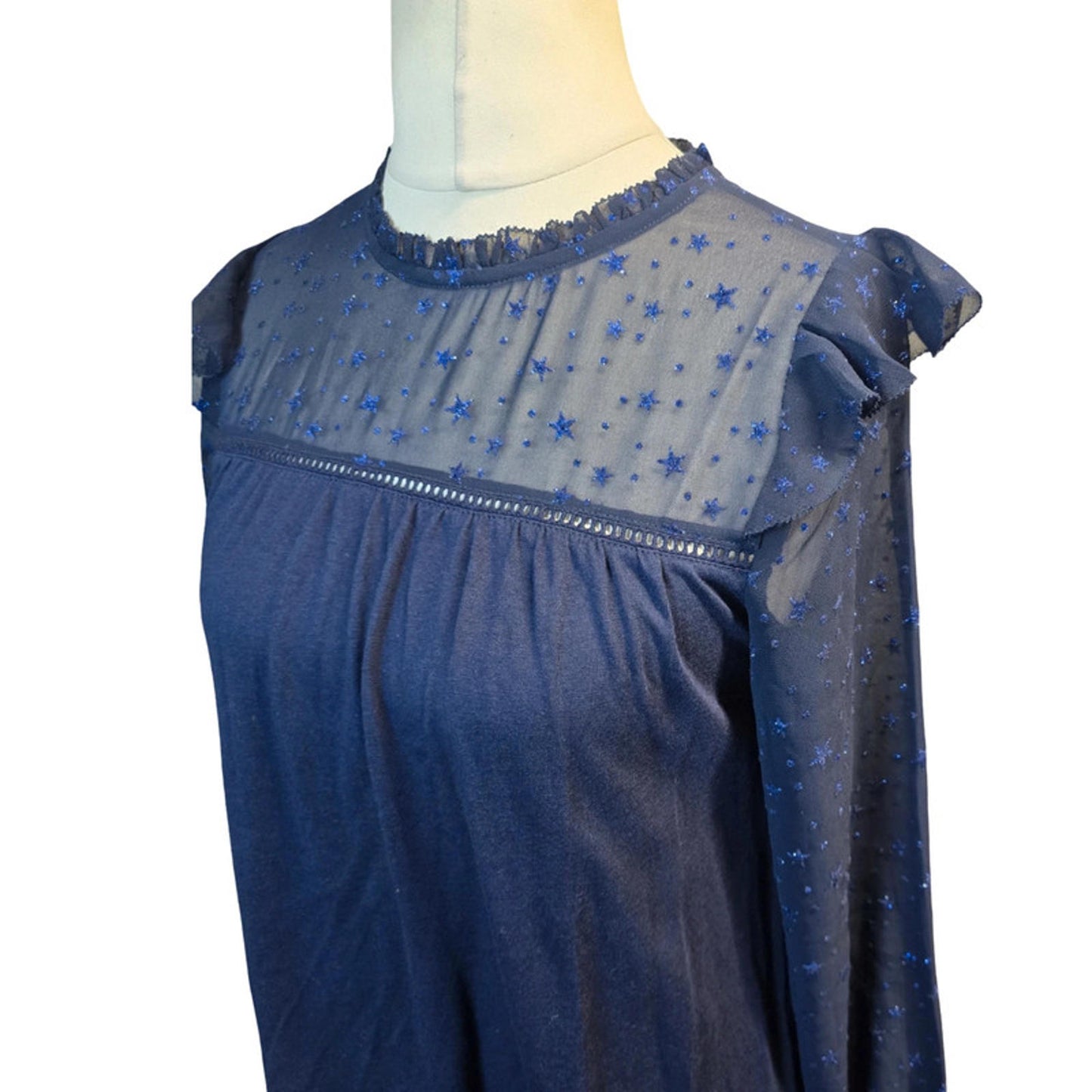 FatFace Navy Glitter Star Top Size 8 Sheer Sleeve Weekend