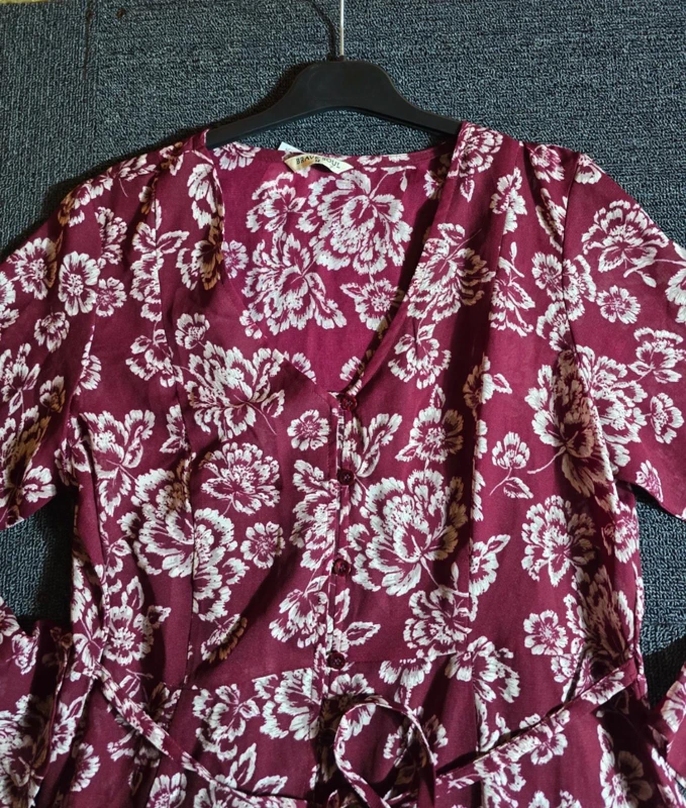 Brave Soul Burgundy Floral Boho Dress UK Size 10/12 Belted Flared Sleeves