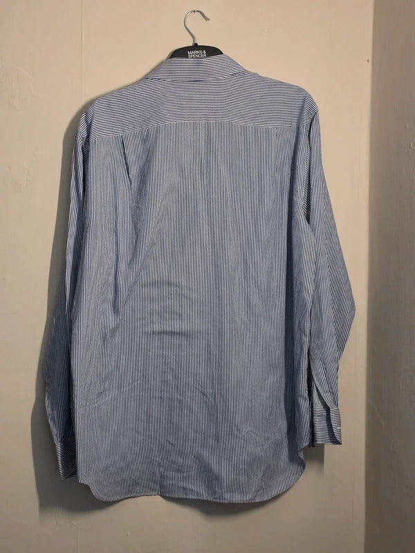 Marks & Spencer Mens Navy & White Striped Long Sleeve Shirt Regular Fit 17Collar