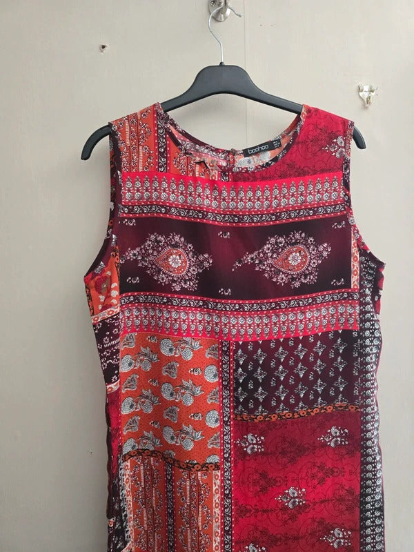 Boohoo Red & Orange Floral Sleeveless Relaxed Shift Mini Dress Size 8