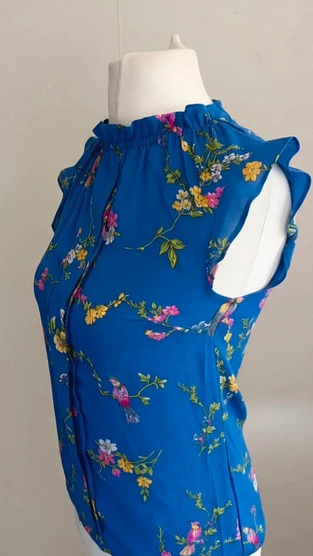 Oasis Women's Blue Floral Sleeveless Pleated Blouse Size 8