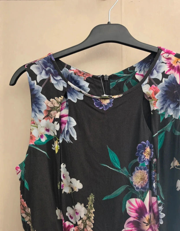 Wallis Black Multicoloured Floral Cut-Out Sleeveless Jumpsuit Size 10
