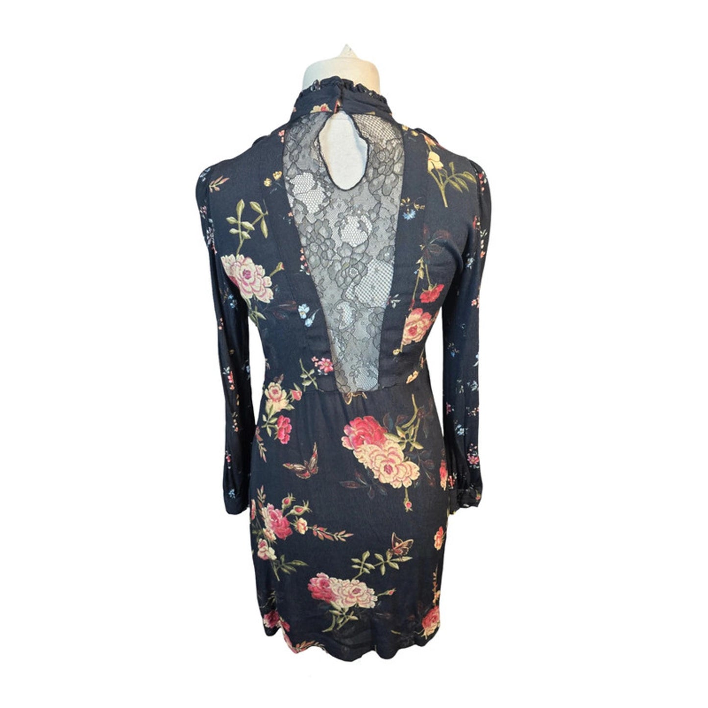 Zara Black Floral Mini Dress  L UK Size 12 Long Sleeve Lace Back Frill Detail