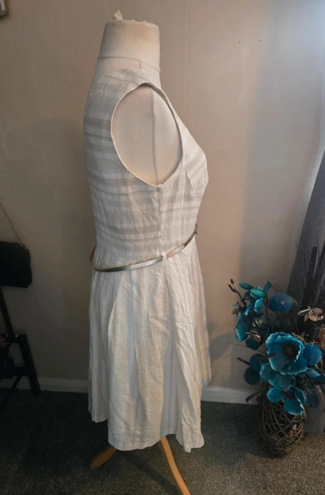 TU Beige & Cream Striped Sleeveless Knee Length Dress Gold Belt Size 14 NWT
