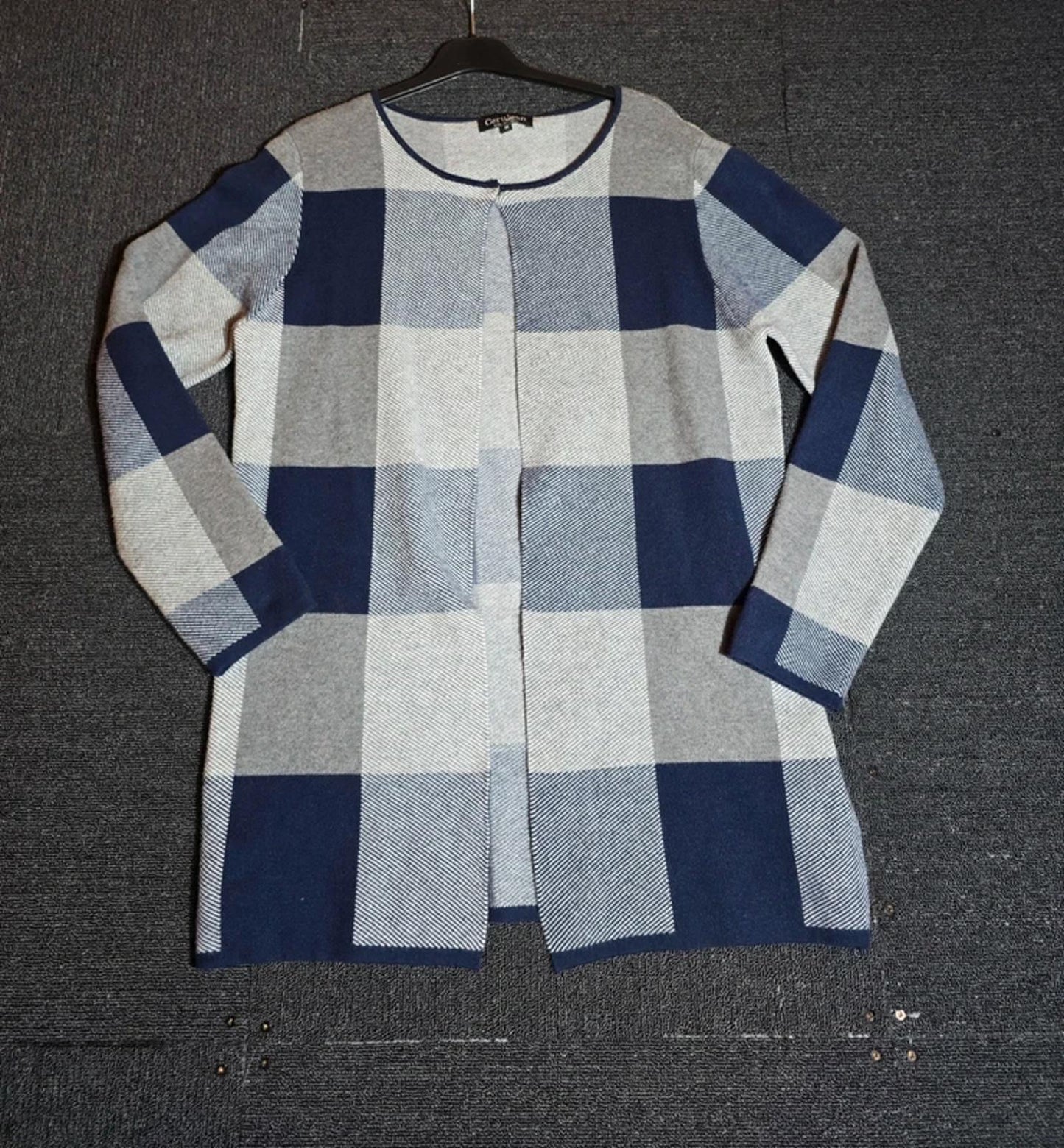 Cerulean Collection Navy Grey Checked Cardigan UK 12-14 Knit One Button