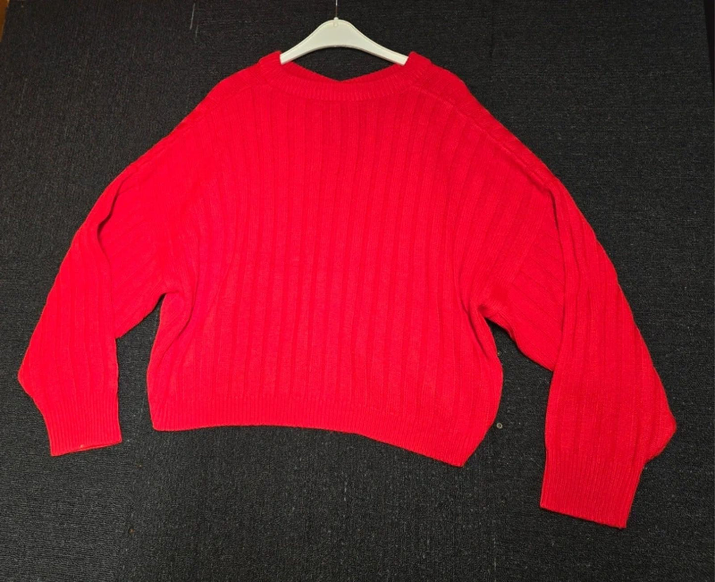 Topshop Red Ribbed Knit Jumper Size 16 Oversized V-Neck Slouchy Fit