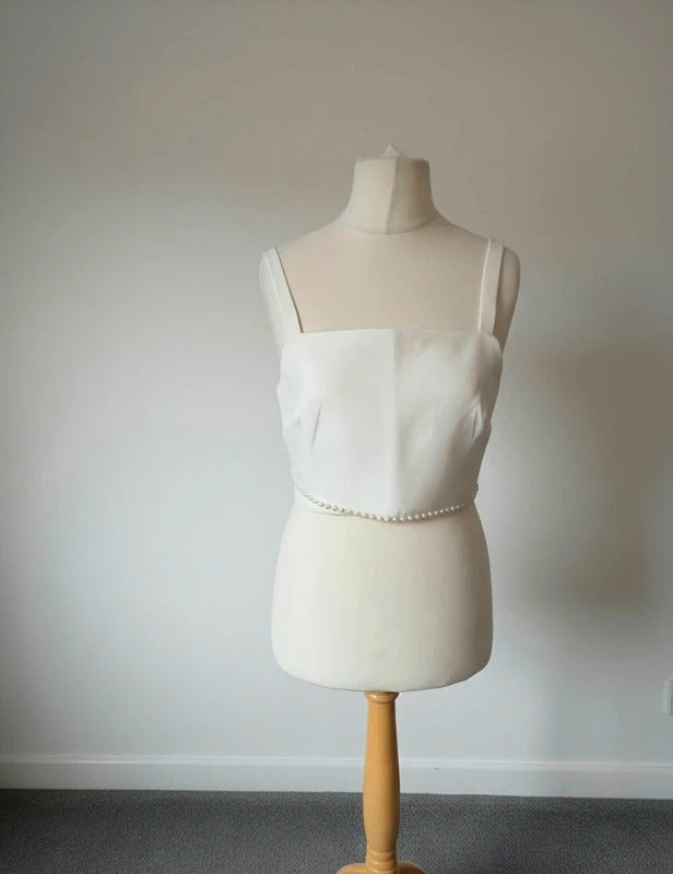 River Island White Cropped Cami Top Beaded Pearl Detail Size 10