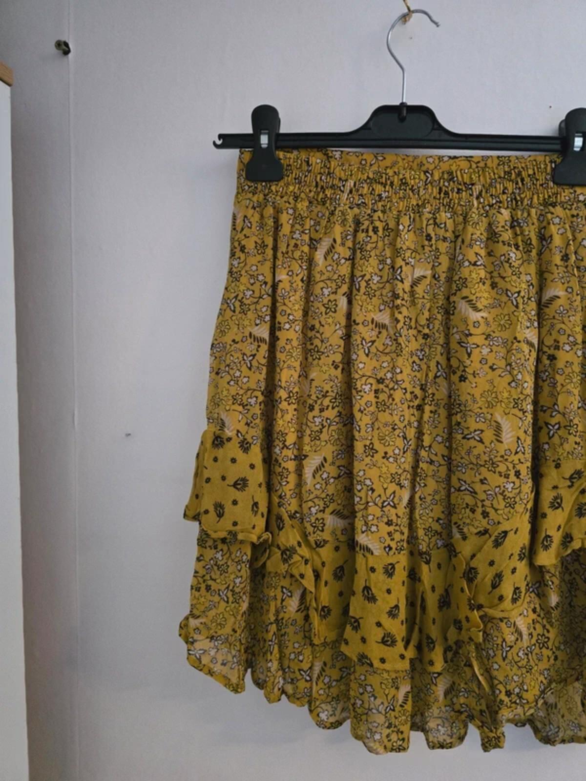 M&S Yellow & Black Floral Layered Mini Skirt Size 10 Lined Frill Hem Boho