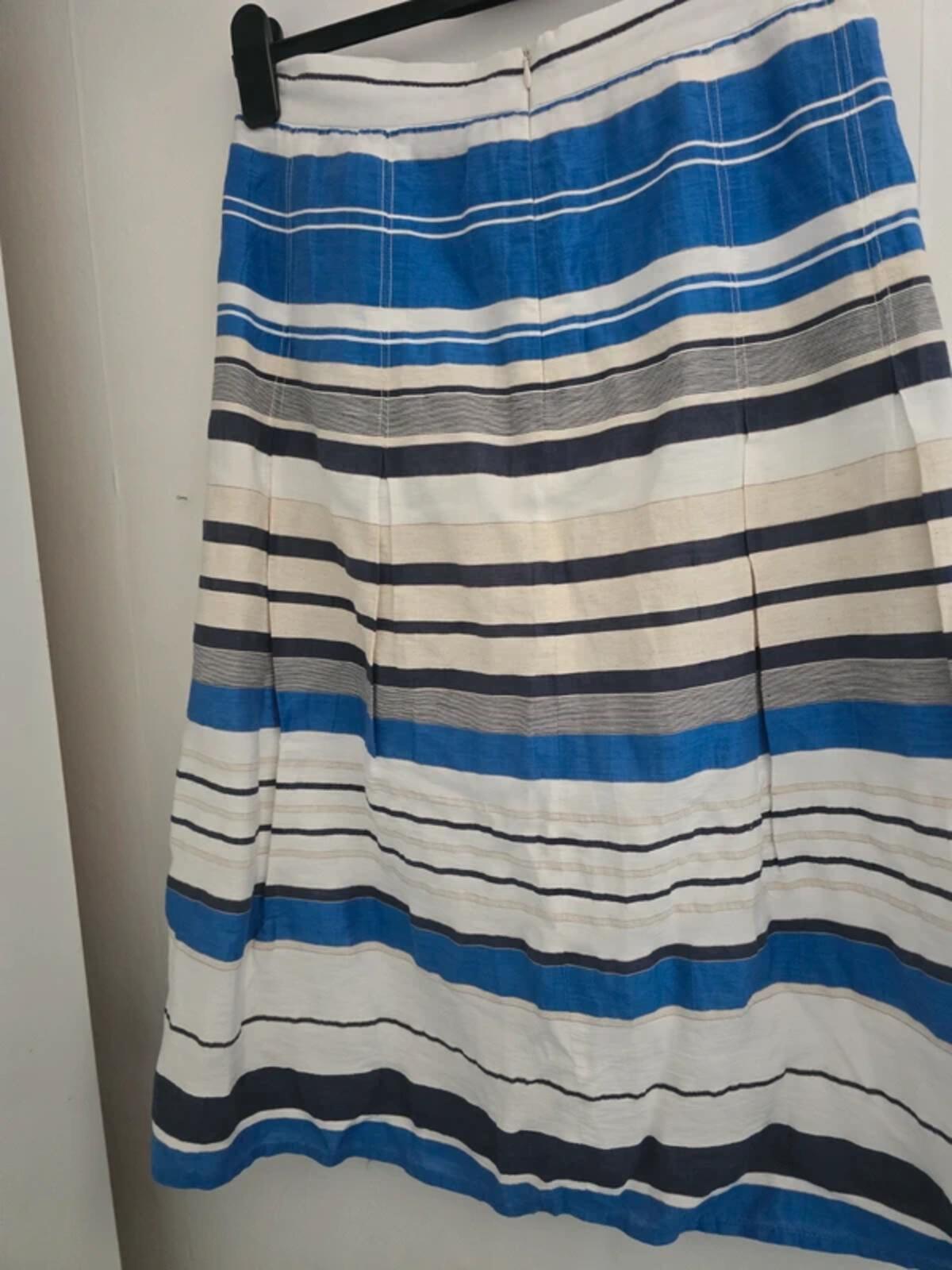 Country Casuals Navy Blue & White Striped Linen Blend Midi Skirt Size 10