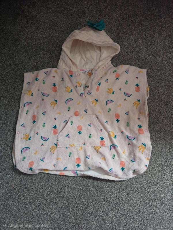John Lewis Baby Girls Beige Tropical Fruit Towelling Hooded Poncho Robe 6-12 Months