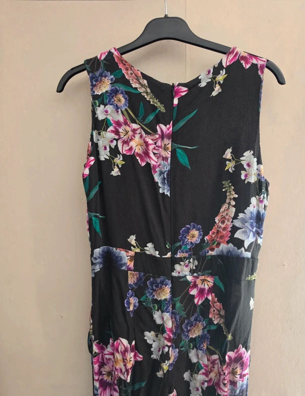 Wallis Black Multicoloured Floral Cut-Out Sleeveless Jumpsuit Size 10