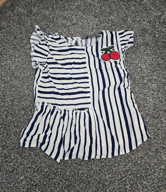 Primark Girls White & Navy Striped Sequin Cherry Frill T-Shirt 4-5years