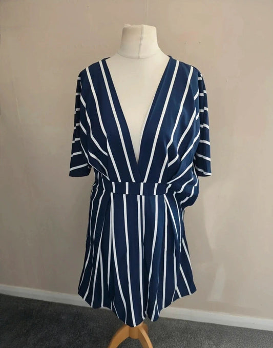 Shein Navy & White Striped V-Neck Flared Sleeve Dress Large Size 12-14
