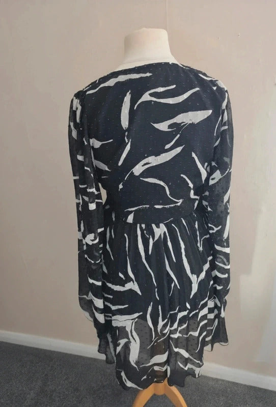 ASOS Monochrome Flare Dress with Sheer Sleeves  Size 12