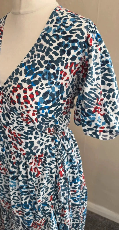 Next Multicoloured Animal Print Midi Wrap Dress with Puff Sleeves Size 12