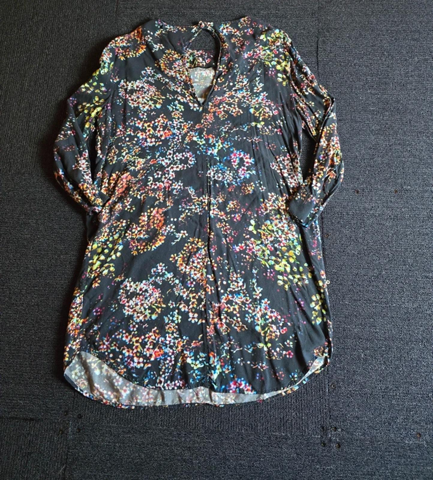 & Other Stories Black Floral Mini Dress UK Size 10 ¾ Sleeve Keyhole Back