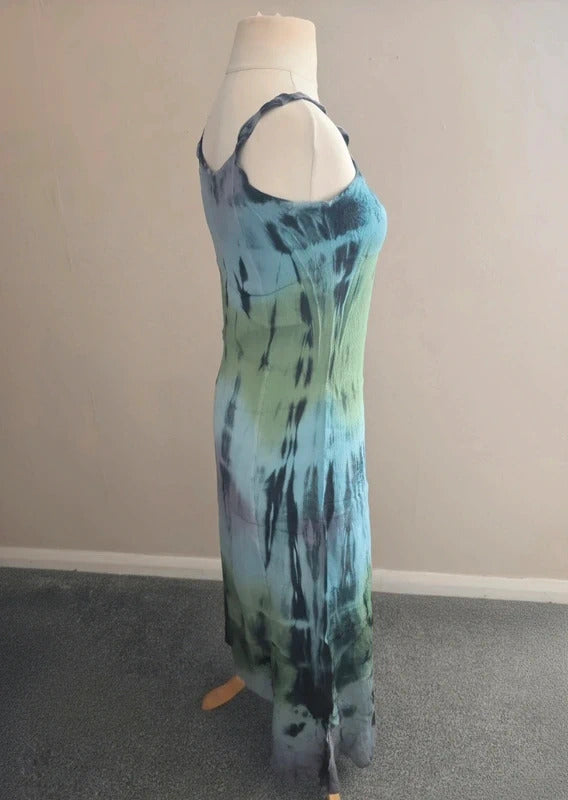 Vintage Style Green, Purple & Black Tie-Dye Embroidered Midi Dress  Size 12-14