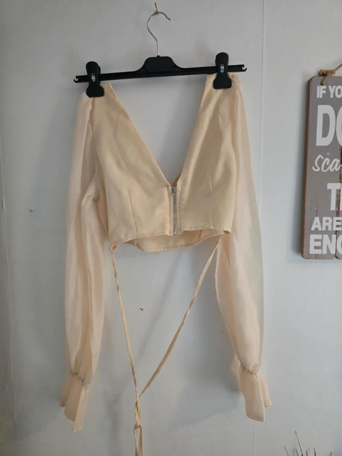 Boohoo Cream Long Sleeved Sheer Crop Top  - Size 8