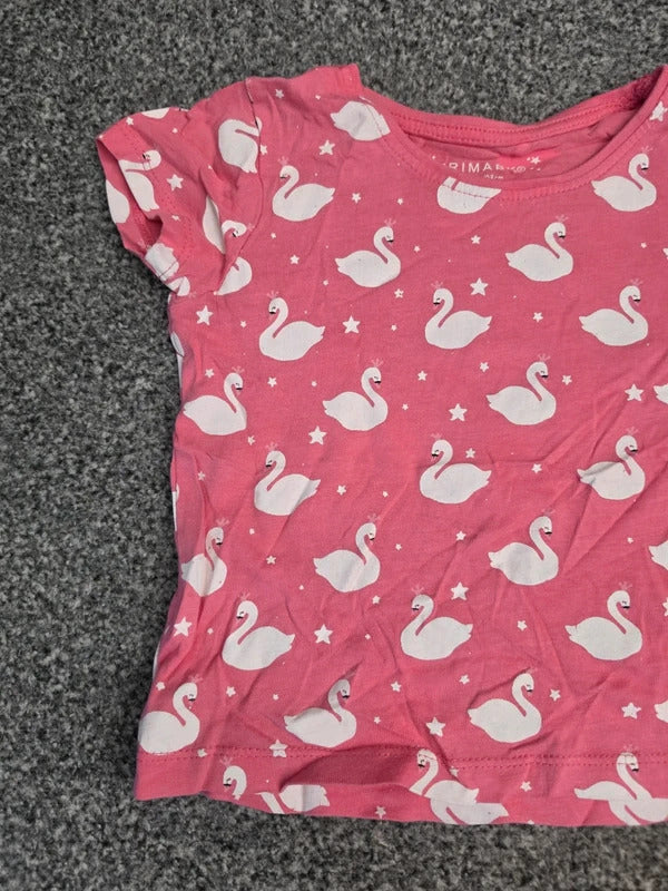Primark Girls Bright Pink & White All-Over Swan & Star Print Cotton T-Shirt Age 2-3 Years