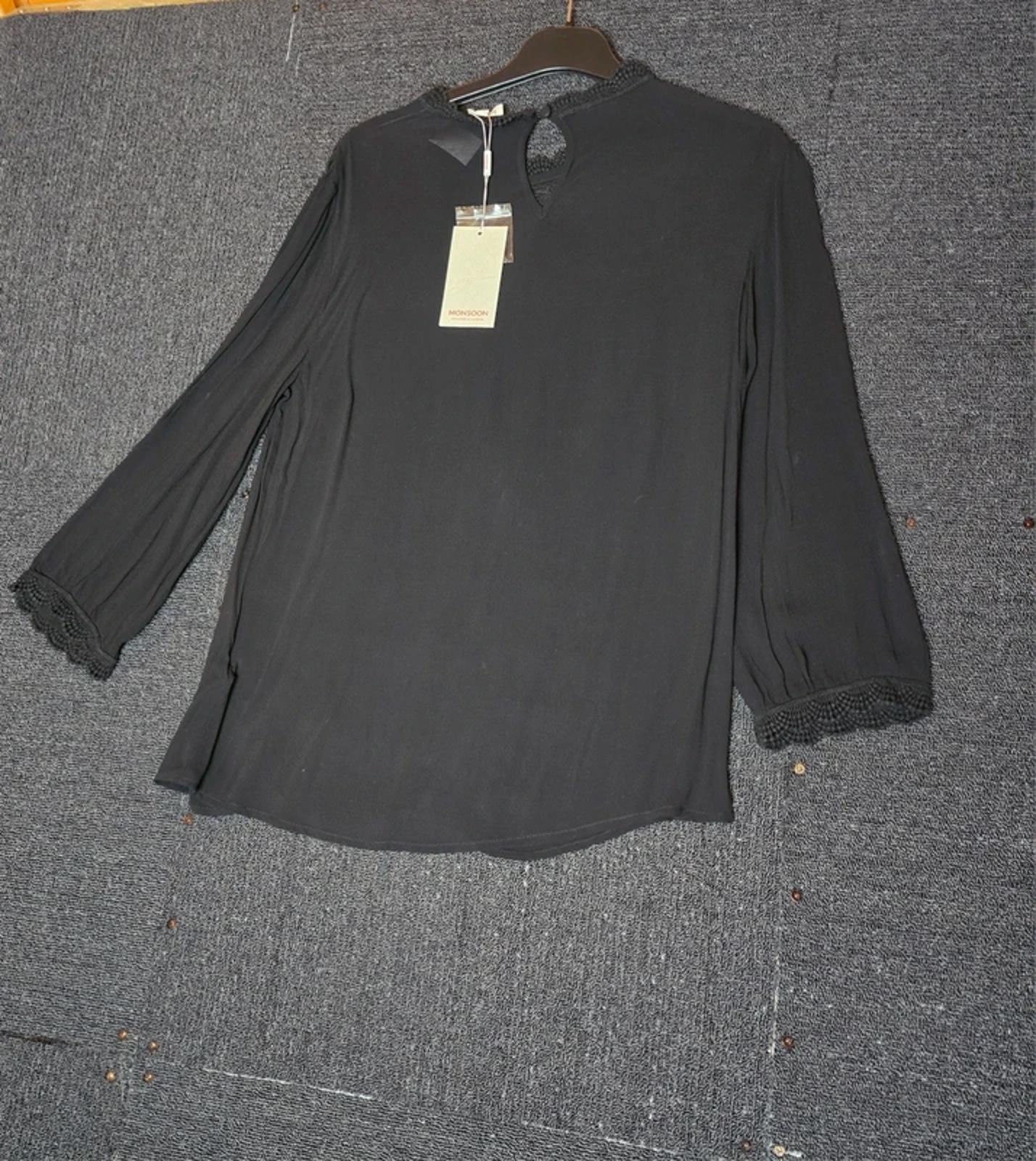 Monsoon Blouse Black Size 12 Lace 3/4 Sleeves New Work Formal