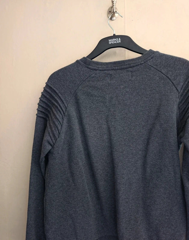 Firetrap Men's Charcoal Grey Ribbed-Shoulder Knitted Jumper Size Medium