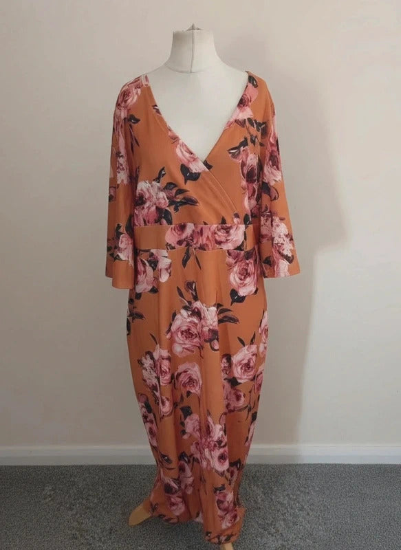 Shein Burnt Orange Floral V-Neck Bodycon Flared Sleeve Long Dress 3XL Size 24
