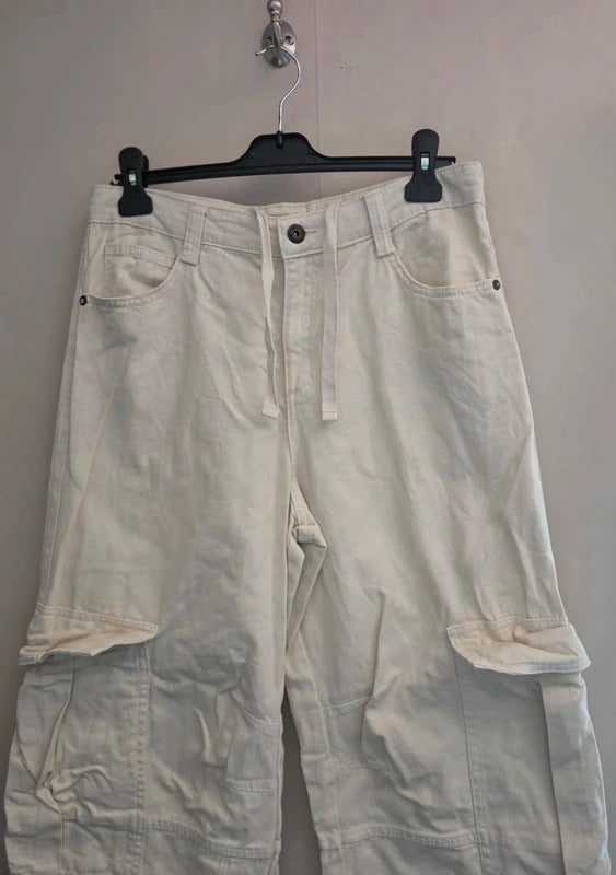 Bershka Cream High Waisted Cargo Flared Cotton Jeans Size EU 38 Size 10