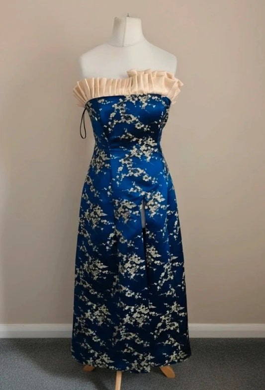 Bespoke Elizabeth Glaze Y2K Royal Blue Cream Frill Evening Dress