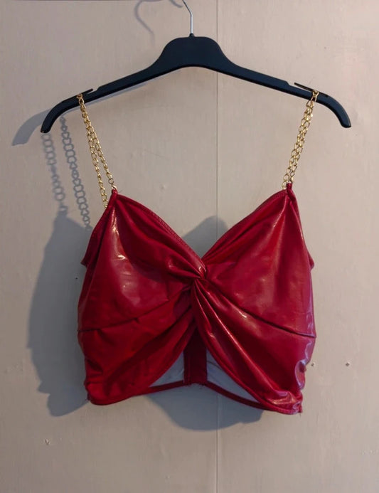 Shein Red Faux Leather Chain Strap Knotted Back Zip Crop Top M Size 10-12