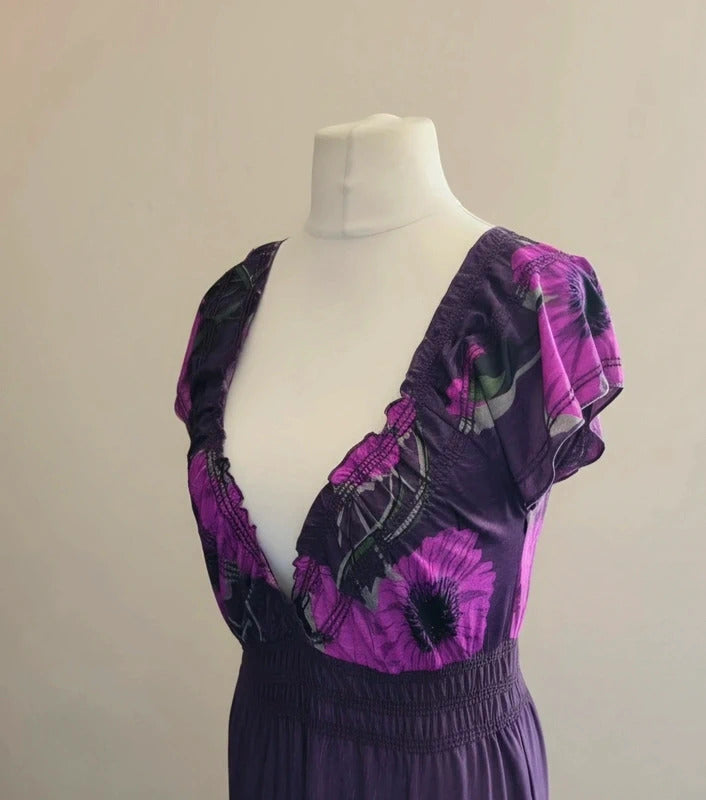 Apricot Purple Floral V-Neck Elasticated Waist Maxi Dress  S Size 10-12