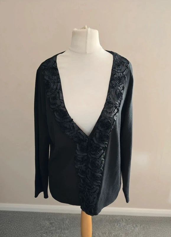 Per Una Women's Black Sequin Floral Ribbon Trim Hook-Closure Cardigan Size 20