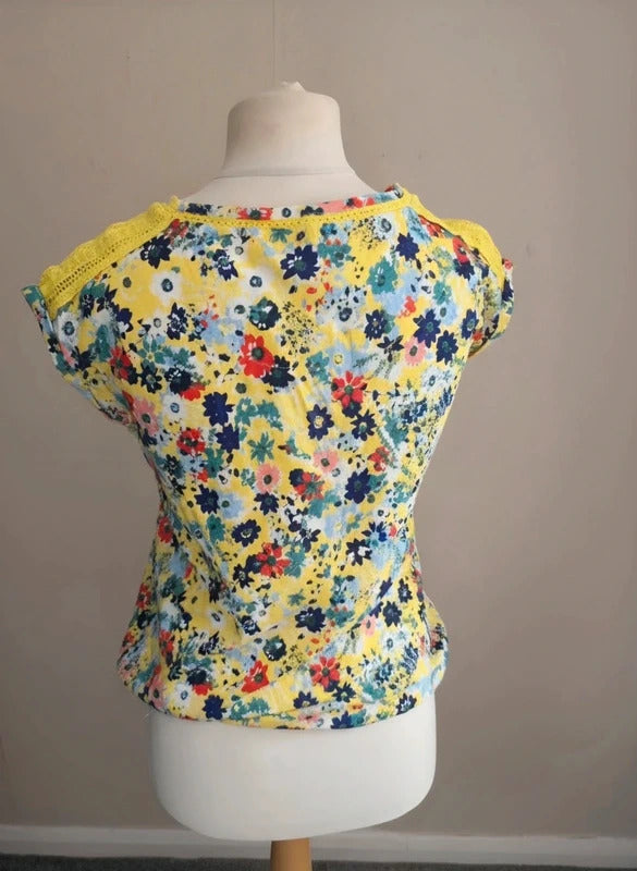 Next Yellow Floral Cotton Top with Crochet Detail Size 8