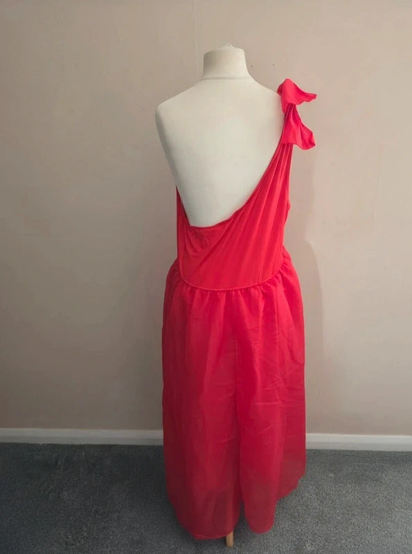 Shein Red Puffed One Shoulder Bow Netted Midi Maxi Dress 4XL Size 24-26