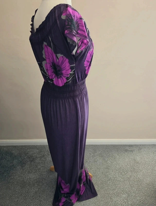 Apricot Purple Floral V-Neck Elasticated Waist Maxi Dress  S Size 10-12