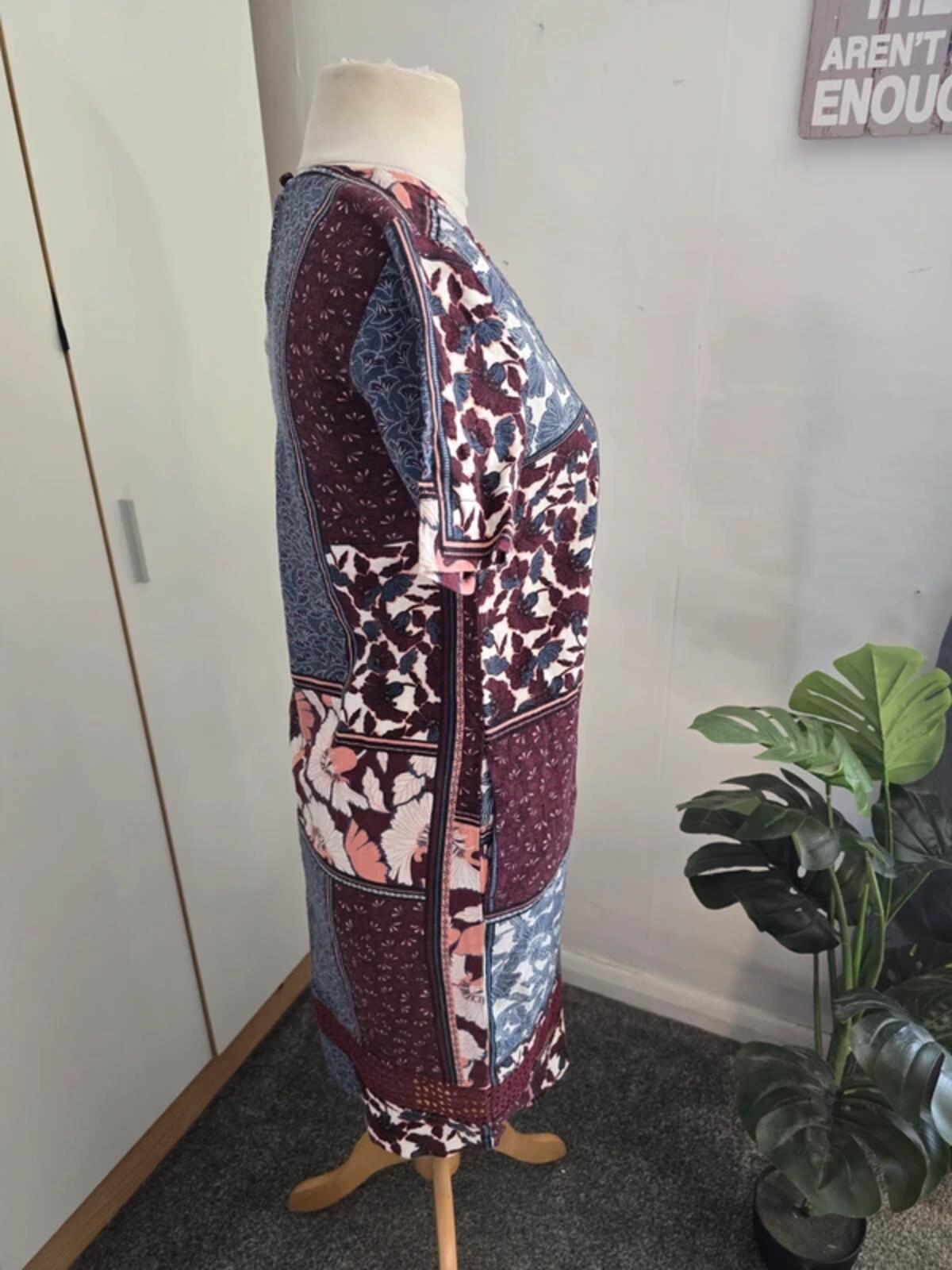 Next Burgundy & Blue Floral Patchwork Midi Dress  Size 6