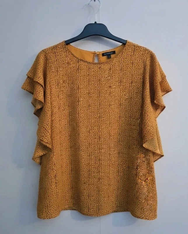 EasyWear Mustard Orange Black Abstract Print Blouse Size 12 Frill Flutter Sleeve Top