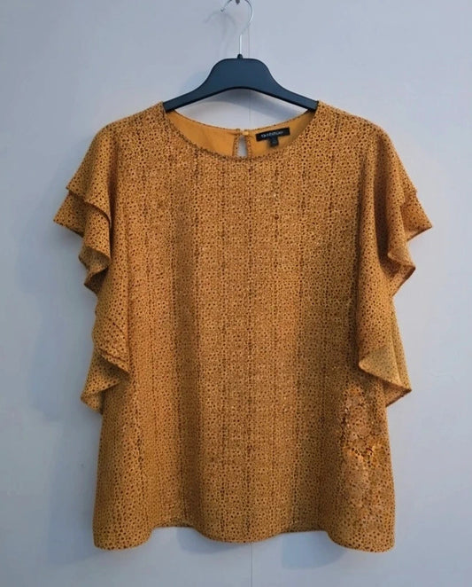 EasyWear Mustard Orange Black Abstract Print Blouse Size 12 Frill Flutter Sleeve Top