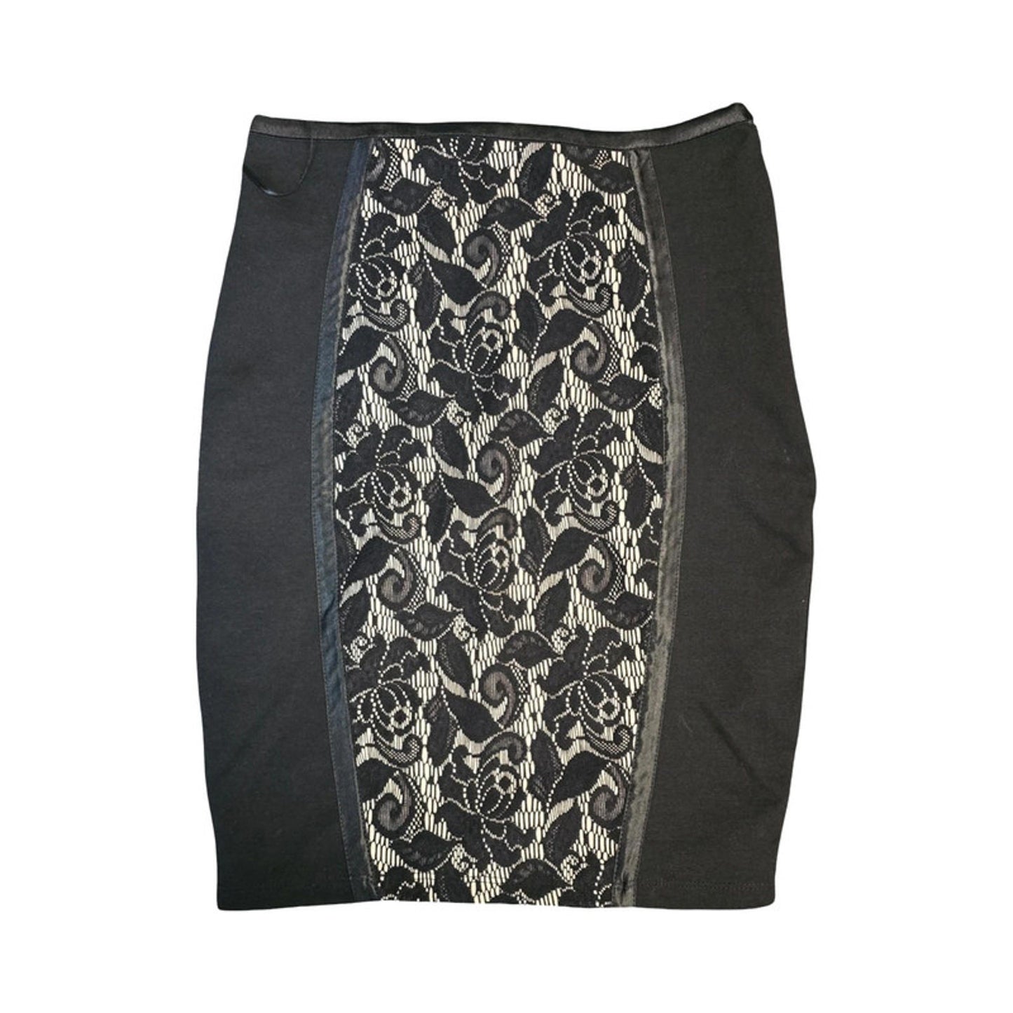 Jane Norman Y2K Black & Beige Lace Panel Bodycon Skirt Size 10
