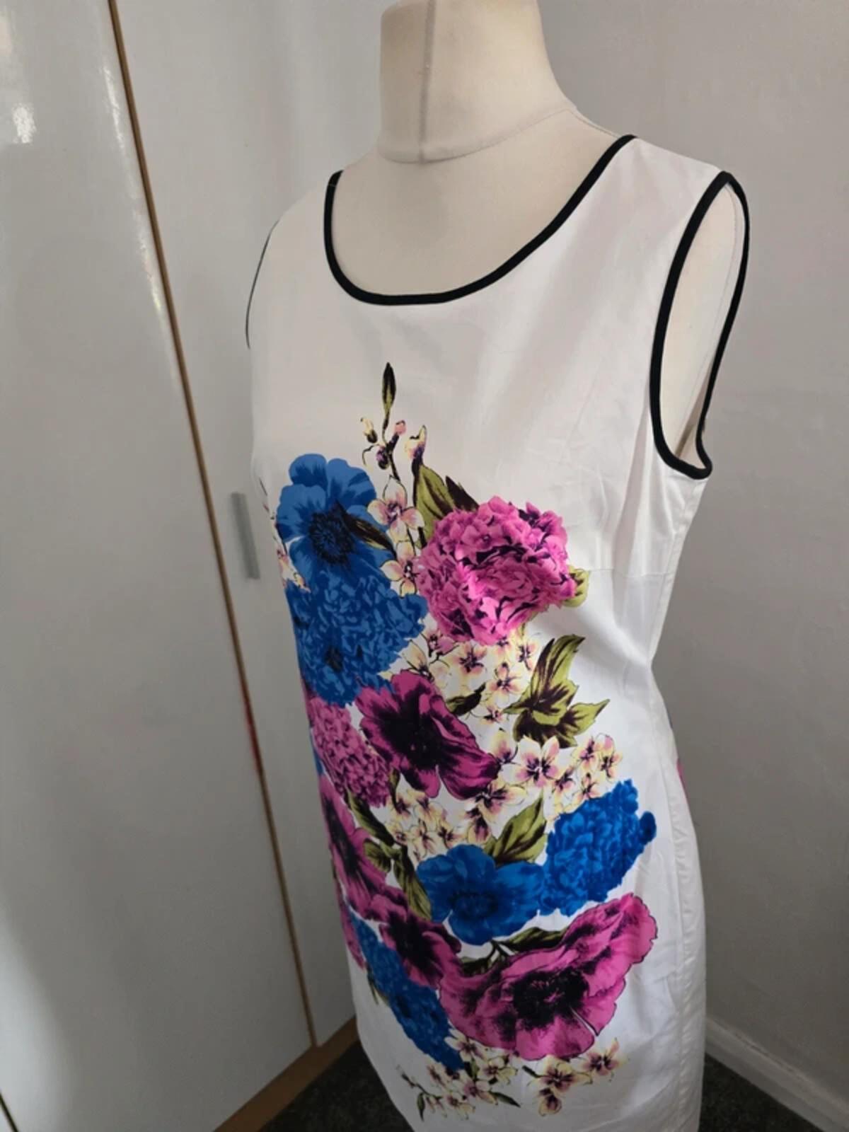 Debenhams Floral A-Line Dress Size 14 White Cotton Knee Midi Sleeveless