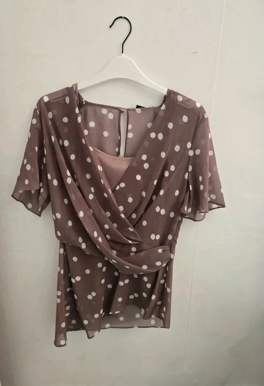 Jacques Vert Brown & White Polka Dot Chiffon Occasion Top Size 8 BNWT