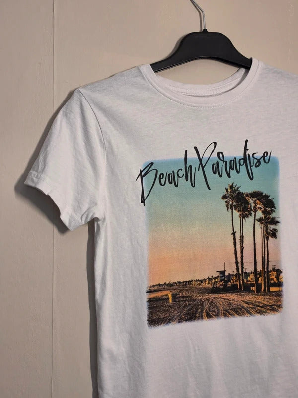 Primark Boys White Beach Paradise Graphic T-Shirt Age 8-9 Years